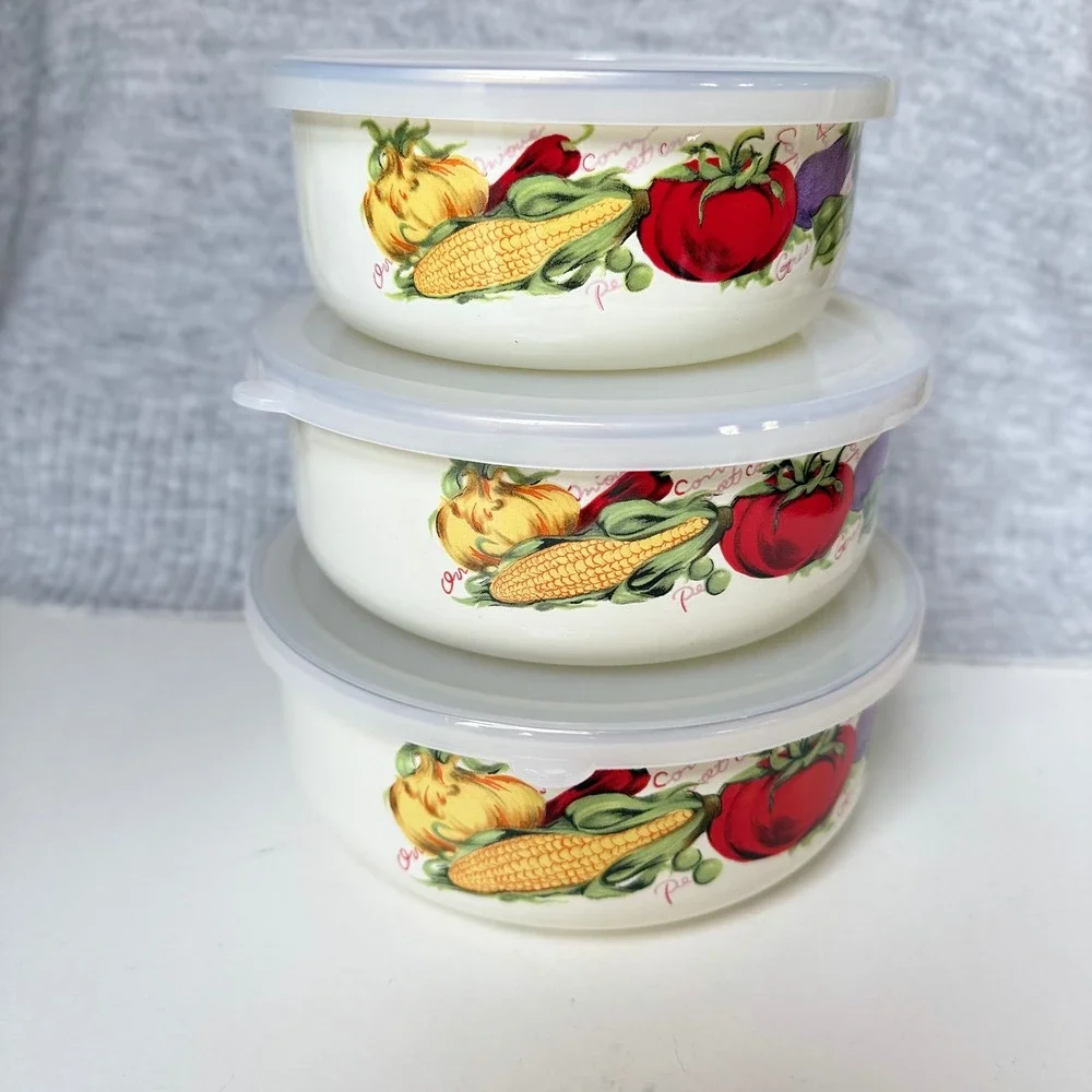 VTG Style Enamel Vegetable Nesting Bowls with Lids Set of 3 Farmhouse Kitchen